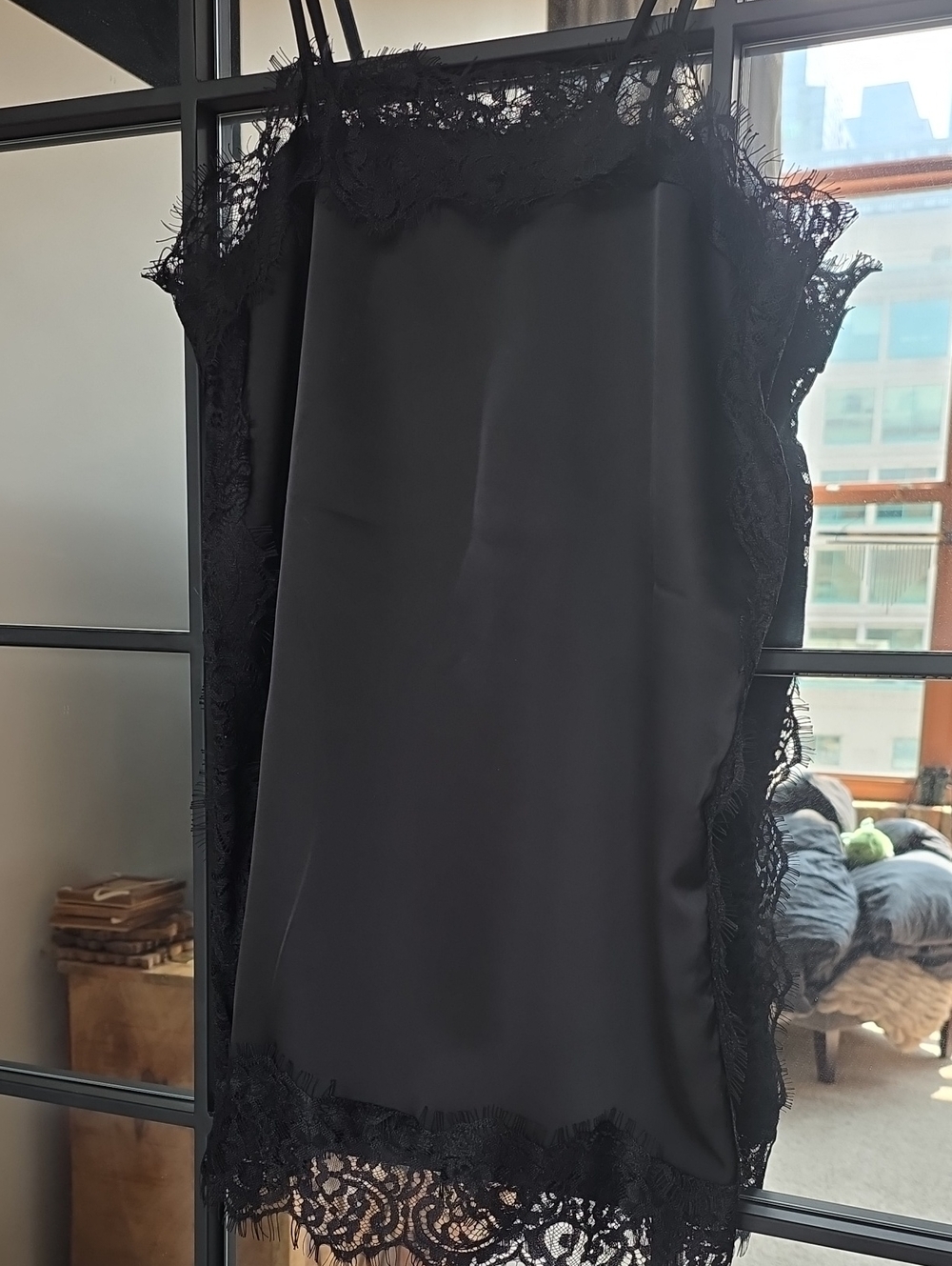 Black Lace-Trim Satin Slip Top Dress
